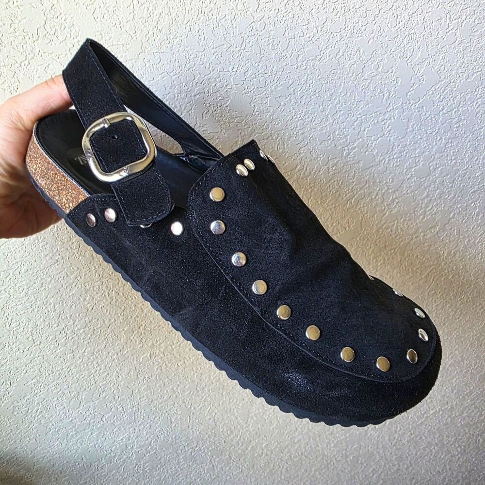 Zara Size 41 Black Suede Studded Clogs Mules Boston Closed Toe